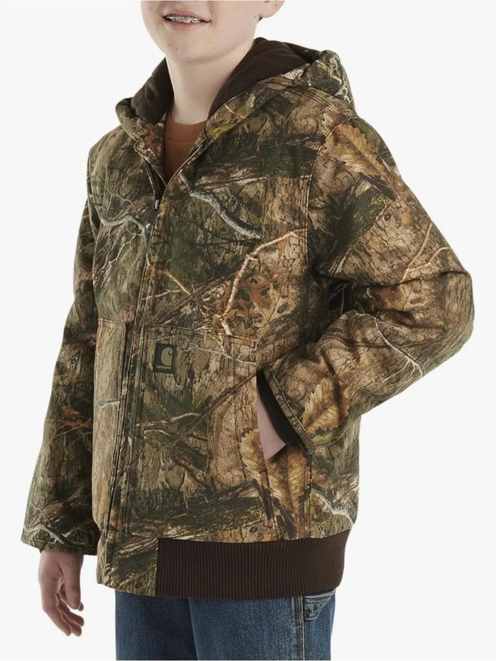 Carhartt Boys Flannel-Lined Hooded Canvas Insulated Zip-Up Jacket Camo Medium